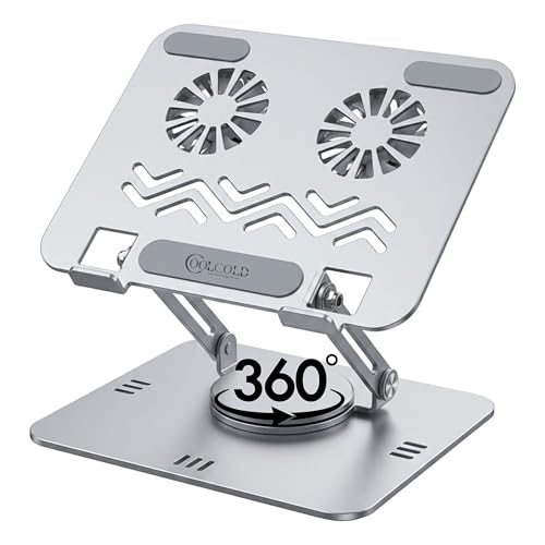 Image of COOLCOLD Laptop Stand with Detachable Magnetic Dual Cooling Fans, 360 Rotating Base, Adjustable Height & Angle, Foldable Ergonomic Laptop Holder for MacBook, HP, Dell, Lenovo (Grey)