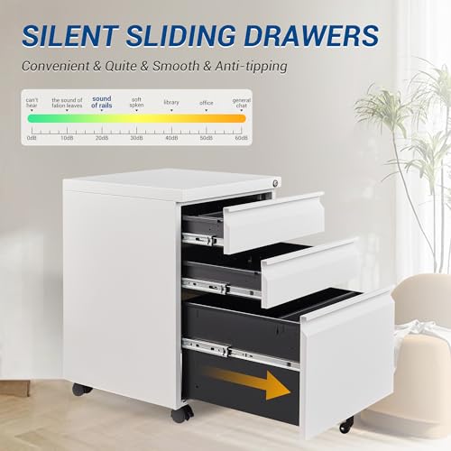 Fesbos 3 Drawer Mobile Metal File Cabinet, White Filling Cabinets with Lock, Pre-Built Office Storage File Cabinet with Wheels Under Desk - Assembled Required