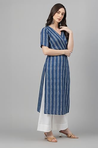 Image of Janasya Women's Navy Blue Pure Cotton Geometric Straight Kurta
