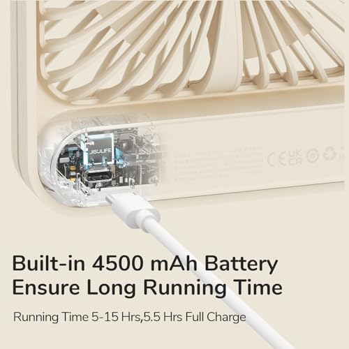Image of JISULIFE Desk Fan Battery Rechargeable, 4500mAh 180Foldable Portable Personal Fan, 4 Speeds Adjustable Long Battery-life for Home Office Travel Outdoor Gifts for Women Men-Brown