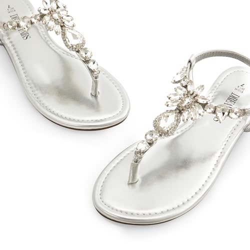 Image of DREAM PAIRS Women's Rhinestone Flat Sandals | Thong Sparkle Dressy Comfortable Adjustable Ankle Strap Sandals for Summer Beach Vacations Wedding Holiday Party