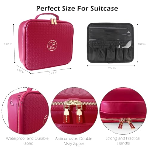 Image of MOMIRA Travel Makeup Bag Cosmetic Bag Makeup Organizer Bag with Lighted Mirror, Adjustable Brightness in 3 Color Scenarios, Waterproof Makeup Train Case, Gift for Women - Rose Red(Woven)