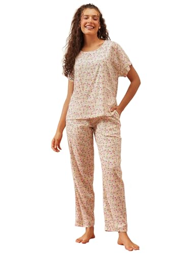 Image of Clovia Women's Floral Print T-Shirt & Pyjama Korean Night Suit for Girls | Rayon Korean Night Dress Set | Comfortable Multicolor Sleepwear
