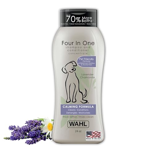 Wahl USA 4-in-1 Calming Dog Shampoo with Lavender Chamomile Scent – Cleans, Conditions, Detangles, & Moisturizes – Pet Friendly Formula – 24 Oz – Model 820000A