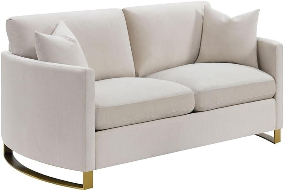 Pemberly Row Contemporary Upholstered Loveseat, 69 in Wide, Textured Velvet Beige, Curved Track Arms, Gold Stainless Steel Legs, Includes Accent Pillows, Reversible Cushioned Seats for Living Room or