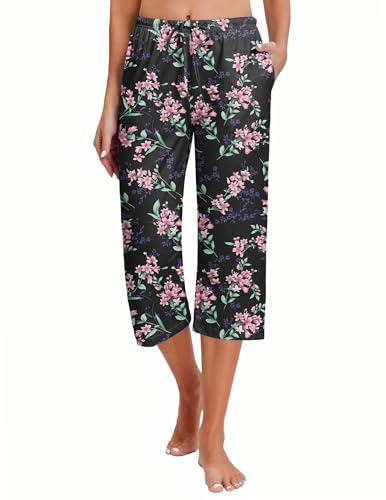 Ekouaer 2 Pack Women's Capri Pajama Pants Printed Drawstring Comfy Pj Bottoms With Pockets2