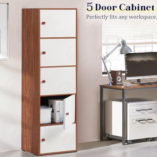 Image of ABOUT SPACE Wooden Cabinet - 5 Tier Storage Cabinet for Living Room with Magnetic Door, Space Saving Book Self for Home, Engineered Wood Kitchen Crockery Unit (Oak Red - L 38 x B 38.5 x H 165.5 cm)