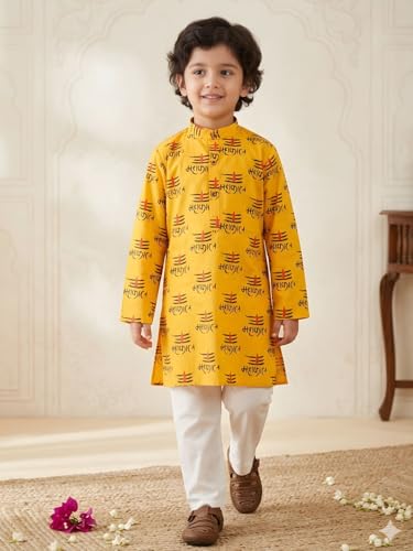 Image of AJ DEZINES Boys Cotton Full Sleeve Letter Printed Kurta Pajama Set for Kids - Ethnic wear | Special Occasion & Traditional Outfit |Boys Kurta Set - Regular Fit