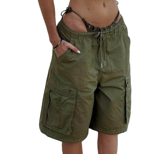 Yuemengxuan Women Y2k Baggy Cargo Shorts Low Rise Wide Leg Denim Shorts Camo Army Drawstring Knee Length Jeans with Pockets (Army Green #A M)