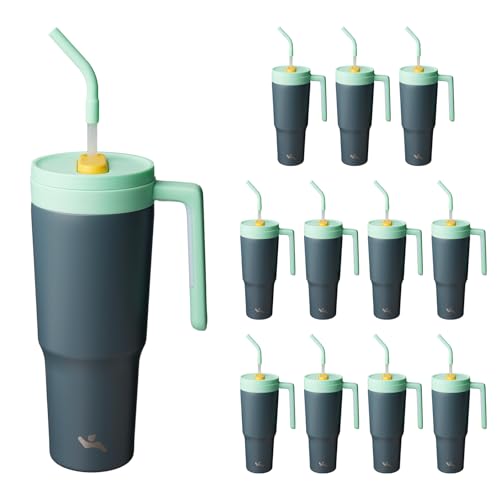 Image of Konokyo 12 Pack 40 Oz Tumblers with Handle and Straw, Bulk Vacuum Insulated Stainless Steel Travel Mugs with Lids for Office, Events and Group Orders Night Gray