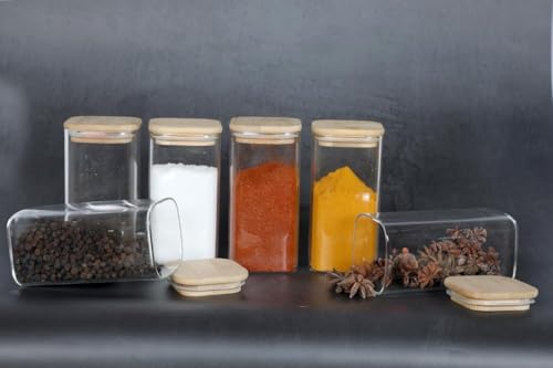 Image of Square Borosilicate Glass Jars with Silcone Seal Airtight Bamboo Lids 330 ml Tea Clear Kitchen Storage Jar with Bamboo Kitchen Canister Set Of 6(6, SQUARE BAMBOO LID GLASS JAR 330 ml -)