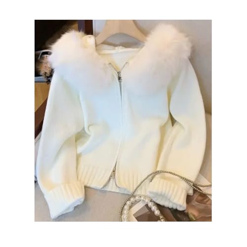 Women Double Zippers Fur-Collar Hooded Knit Cardigan Tops Slim Cropped Sweater Coats for Spring-Autumn3