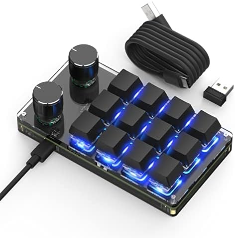 BRIMFORD Macro Programmable Keypad, One Handed Custom 2.4 G Programmable Gaming Keyboards Multifunction 12 Keys 2 Knobs Compatible for Windows,Mac OS, Bluetooth Macro Keypad Suitable for Office/Lab