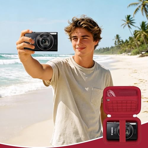 Image of Camera Case for Canon PowerShot ELPH 360 HS A, IXY 650 /ELPH 360 Camera Protective Case Storage Holder Travel Bag with Wrist Strap, Mesh Pocket for Battery Pack, USB Cable, Red