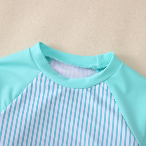 Image of Ritatte Girls Rash Guard Swimsuit 2 Pieces Stripe Bathing Suit Long Sleeve Rashguard Beach Shorts Summer Swimwear 7-12T(Blue Green,11-12T(160))