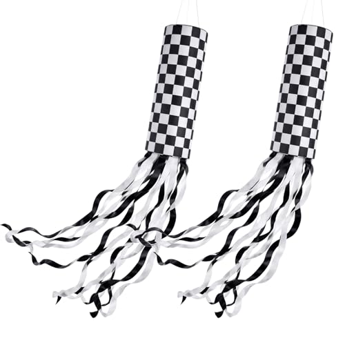 Tingjoo 2 Pcs 51inch Checkered Windsock Flag Black and White Racing Flag Car Race Flags Wind Sock Door Hanger for Outdoor Yard Garden Birthday Party Decoration