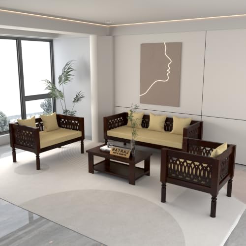 Image of NATRAJ ART & CRAFT Sheesham Wood 6 Seater Sofa Set for Living Room | Wooden CNC Sofa Set for Living Room Furniture (3+2+1 Seater, Walnut Finish)