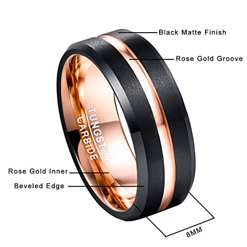 Nuncad Tungsten Rings Men Grooved Tungsten Carbide Engagement Bands Black Rose Gold 8Mm Size 10.5 #TOP4