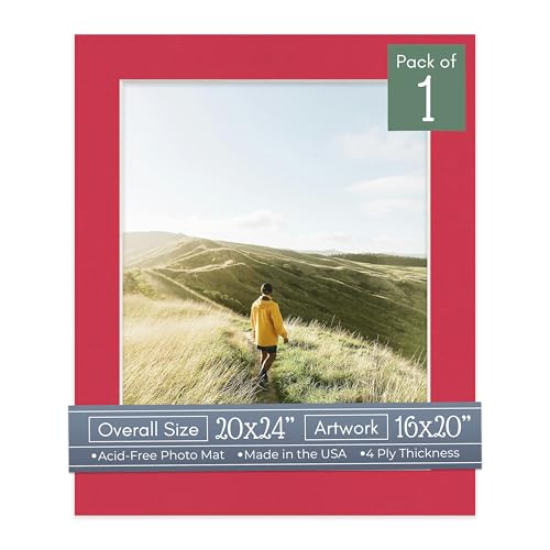 CountryArtHouse Deep Red Acid Free 20x24 Picture Frame Mats with White Core Bevel Cut for 16x20 Pictures - Fits 20x24 Frame - One Mat - with Bag & Backing