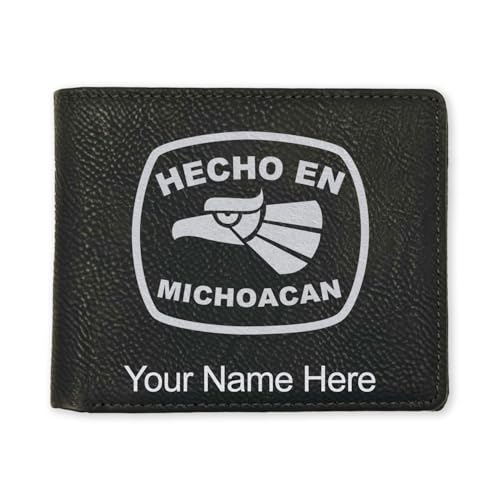 LaserGram Faux Leather Bi-Fold Wallet, Hecho en Michoacan, Personalized Engraving Included (Black with Silver)