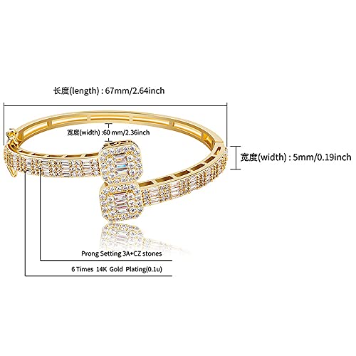 Apzzic 5Mm Baguette Cuff Bangle Bracelet Iced Out Bling Diamond Cubic Zirconia Gold Plated Hip Hop Bracelet For Men Women Gold 7Inch #TOP2