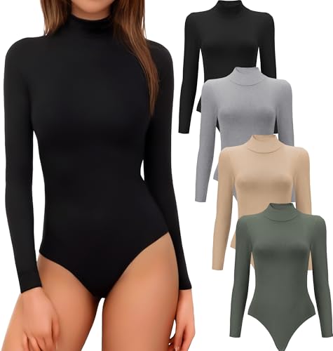 MLYENX 5 Pack Long Sleeve Body Suits Womens Mock Turtleneck Casual Basic Stretchy Body Suits Tops