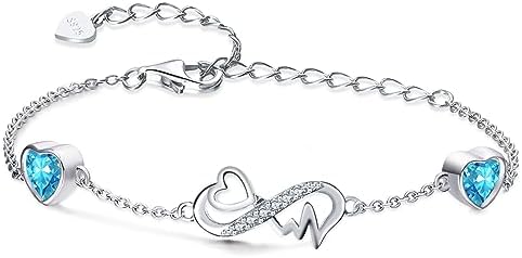 Qings Infinity Heart Birthstone Bracelet 925 Sterling Silver Adjustable ECG Heartbeat 2 Birthstones Bracelets with Sparkling Cubic Zirconia Chain Bracelet, Pretty Birthday Jewelry Gift for Women Girls