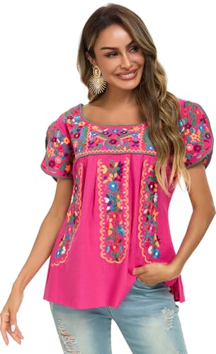 Women Embroidered Shirt Mexican Tops Traditional Peasant Blouses Summer Tunic