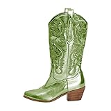 MissHeel Green Westen Boots for Women Mid Wide Calf Cowboy Boots Square Toe Cowgirl Boots for...