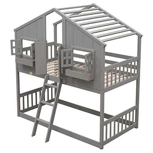 JINS&VICO Twin Over Twin House Bunk Bed with Roof/Window/Window Box/Door Designs, Wooden Floor Bunk Bed Frame with Safety Guardrails and Ladder for Boys Girls Boys Girls, Gray