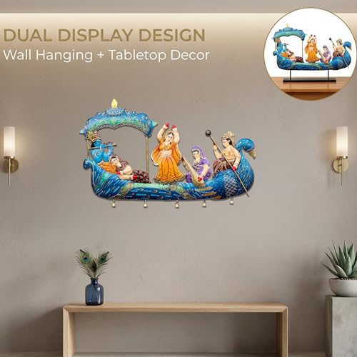 Image of KRAFTSKALA Radha Krishna Nauka Vihar Showpiece for Home Decor Wall Hanging & Tabletop | Metal Peacock Boat Raas Leela Statue with Wooden Base | Large Spiritual Decorative Idol