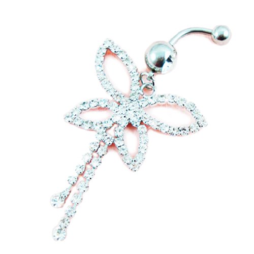 JADE Onlines Body Piercing Navel Belly Button Ring Bar - Clear Rhinestone Silver Hollow Butterfly Pendant Style