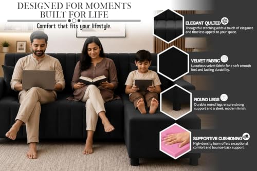 Image of Rosebell Wooden 3 Seater Sofa Set with Ottoman | Living Room Couch | with Cushions | Sofa for Home, Apartment & Office-Black Color