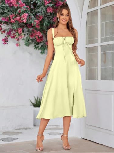 Image of Solid Lace Up Backless Ruched Boning Spaghetti Strap Slim Fit Long Cami Dress for Women's & Girl's