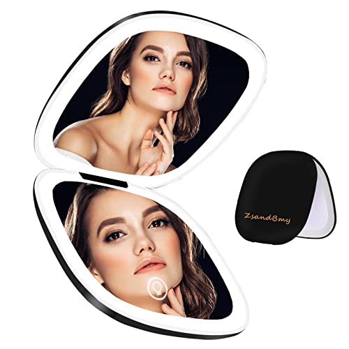 Zsandbmy Travel Lighted Makeup Mirror With Magnification, 1X/10X Dual-Side Compact Mirror With 3 Light Settings, Brightness Dimmable, 3.5'' Small Travel Size Portable Mirror Rechargeable Black #TOP19
