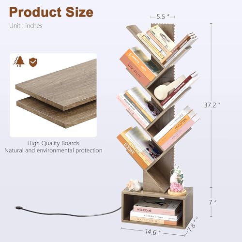 Image of Hoctieon 6 Tier Tree Bookshelf, Tall Bookcase, Freestanding Book Shelf with LED Lights, Display Floor Standing Storage Shelf, Book Organizer Shelves for Home Office, Living Room, Greige