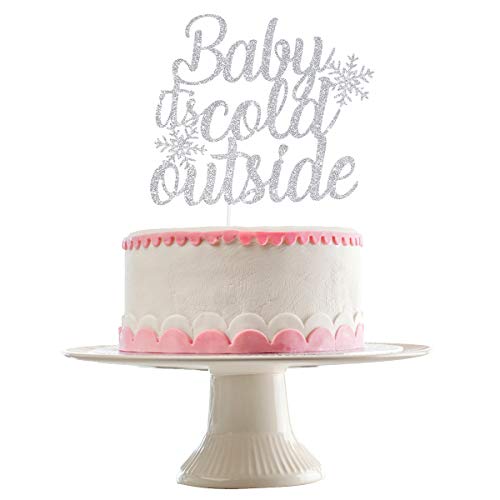 Silver Glittery Baby It's Cold Outside Cake Topper- Snowflake Baby Shower Decorations,Winter Wonderland Baby Shower Decorations,Winter Kids Birthday Party Cake Decor