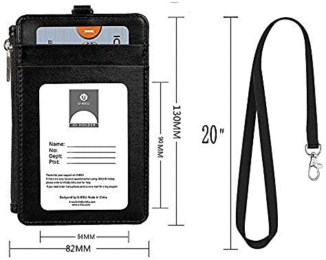 1Pack ID Badge Holder with Lanyard,2 Side Vertical PU Leather RFID Shielded Credit Card Badge Holder with Zipper Wallet