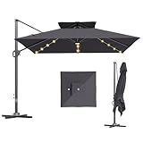 Outsunny 3.5x3 m Garden Cantilever Parasol with Solar LED Lights and Centre Light, UPF50+ Aluminium Patio Umbrella with 360° Rotation and Tilt, Hanging Sun Shade with Cross Base, Crank Handle, Grey