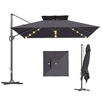 Outsunny 3.5x3 m Garden Cantilever Parasol with Solar LED Lights and Centre Light, UPF50+ Aluminium Patio Umbrella with 360° Rotation and Tilt, Hanging Sun Shade with Cross Base, Crank Handle, Grey