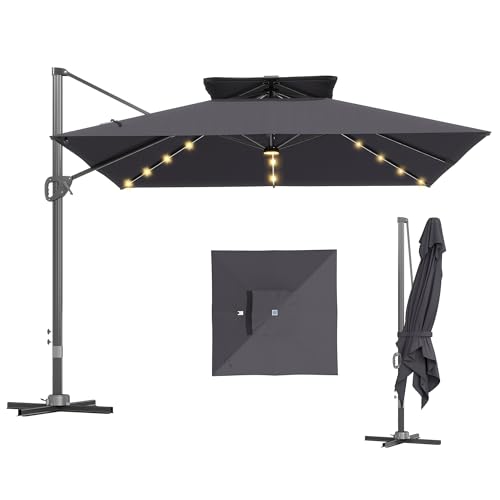 Outsunny 3.5x3 m Garden Cantilever Parasol with Solar LED Lights and Centre Light, UPF50+ Aluminium Patio Umbrella with 360° Rotation and Tilt, Hanging Sun Shade with Cross Base, Crank Handle, Grey