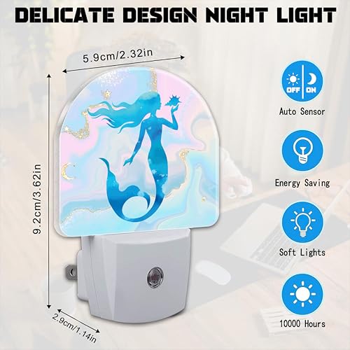 Image of Watercolor Blue Mermaid Night Light for Kids,Pastel Pink Glitter Liquid Marble Plug in Night Light with Dusk to Dawn Sensor, 0.5w Energy Saving Nightlight for Hallway Stairway Kitchen Bedroom