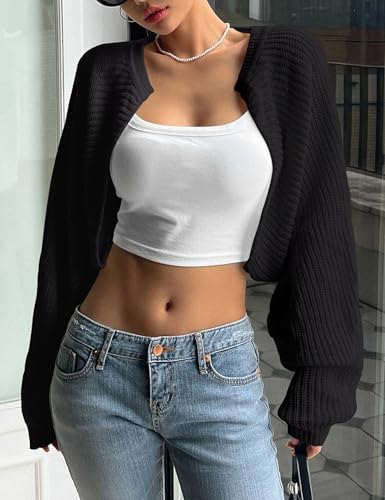 Womens Bolero Shrug Sweaters Long Sleeve Open Front Rib Knit Cropped Cardigan Sweater2