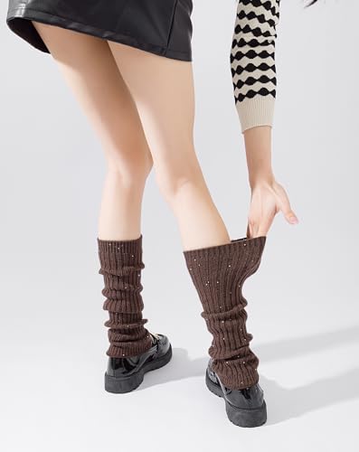 Image of Yawlsow Leg Warmers for Women Girls Y2k Knit Ruffle Leg Warmer Winter 80s with Sequins, Japanese Kawaii Harajuku Accessories