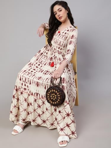 Image of Daevish Women's New Rayon Printed Tie-up Waist V Neck Flared Maxi Dress | Women Flared Dress