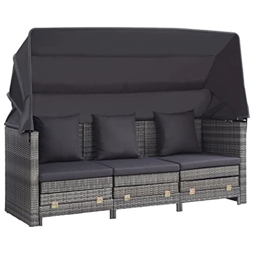 SECOLI Gartensofa Mit Dach – 3-Sitzer Lounge Aus Polyrattan Inkl. Hocker, Verstellbarem Sonnendach & Dicken Kissen – Schwarz, Wetterfest