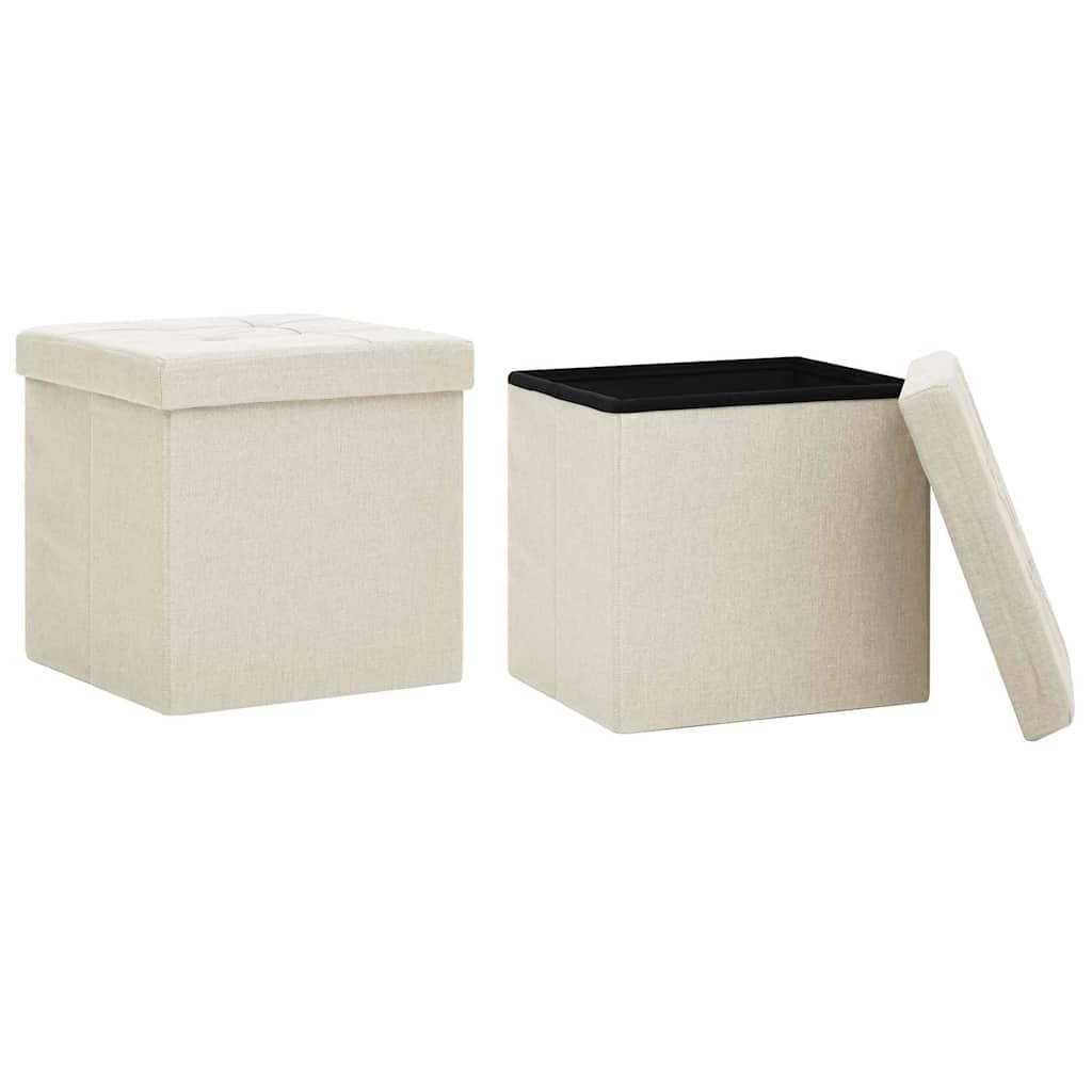 Generisch Hocker mit Stauraum 2 STK. Cremeweiß Leinenoptik | Klappbar,MDF,Leinenimitat,Schaumstoff,abnehmbare Sitzoberseiten,max. 110 kg
