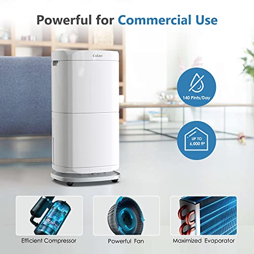 Colzer 140 Pints Commercial Dehumidifier For 6,000 Sq Ft Basements And Large Rooms With Continuous Drain Hose, 2.1 Gallons Water Tank, Advanced Touchpad Control Panel #TOP2