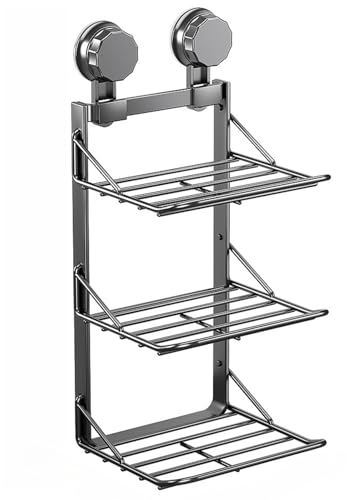 BQQB キッチンラック 吸盤キッチン収納 シャワー 収納 台所 壁掛け棚 吸盤 3段 折り畳み可能 省スペース 防錆 穴あけ不要 取り付け簡単 滑り止め 多機能 浴室用 (グレー)