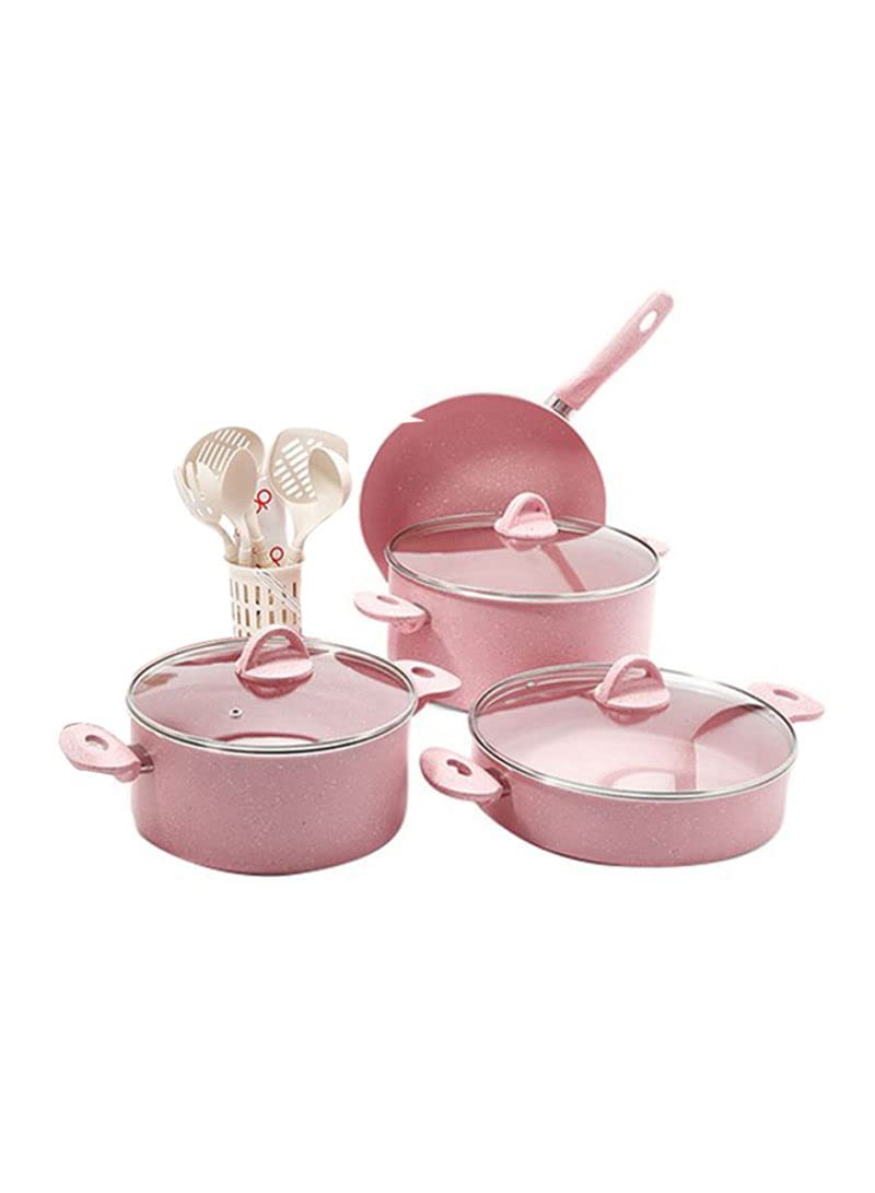 Kunzita HomeTurkish Granite Cookware Set, 13 Pieces with Service Set - Pyrex Lids - Pink